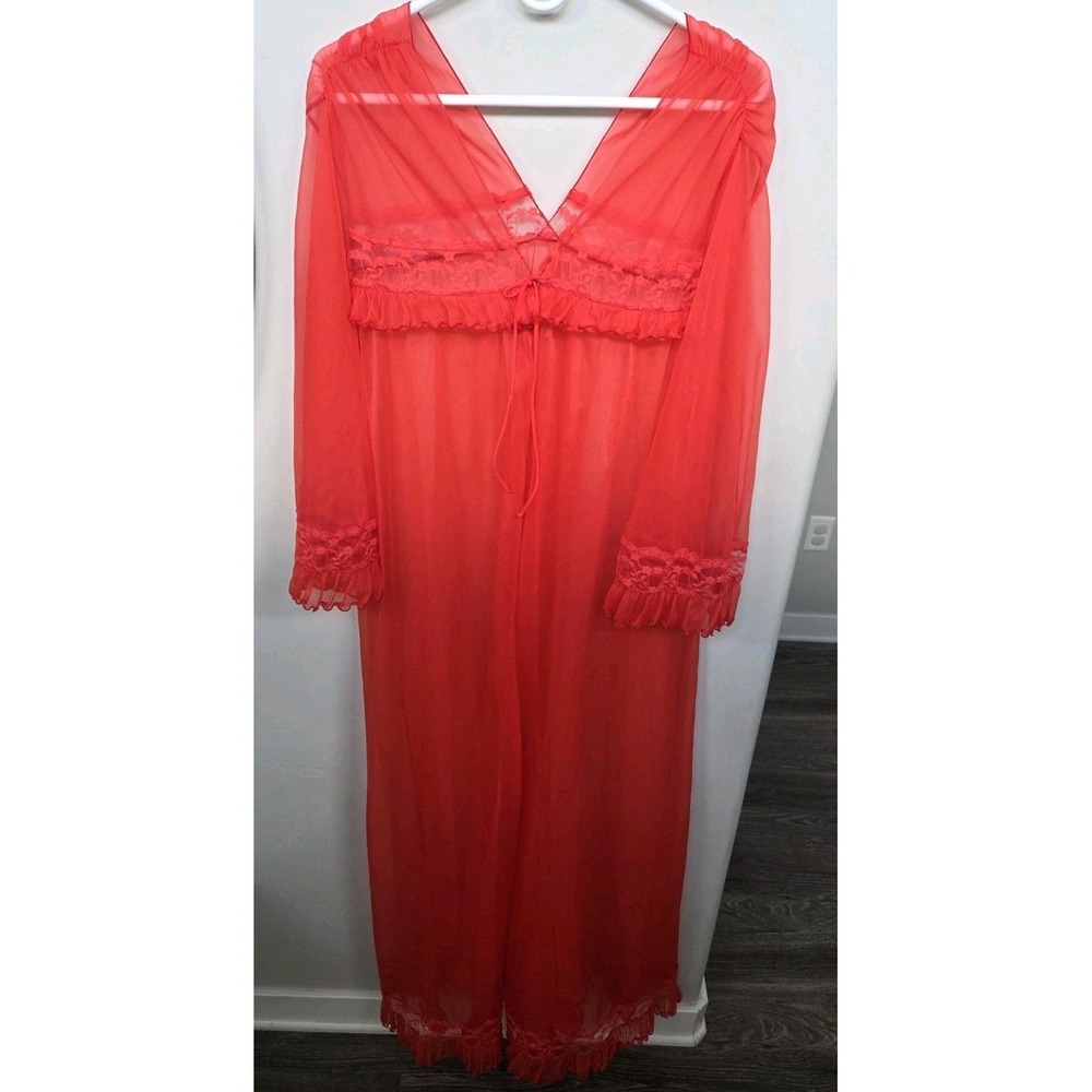 Vtg Jenelle of California Peignoir Robe  Gown Sheer Red Double Chiffon Medium
